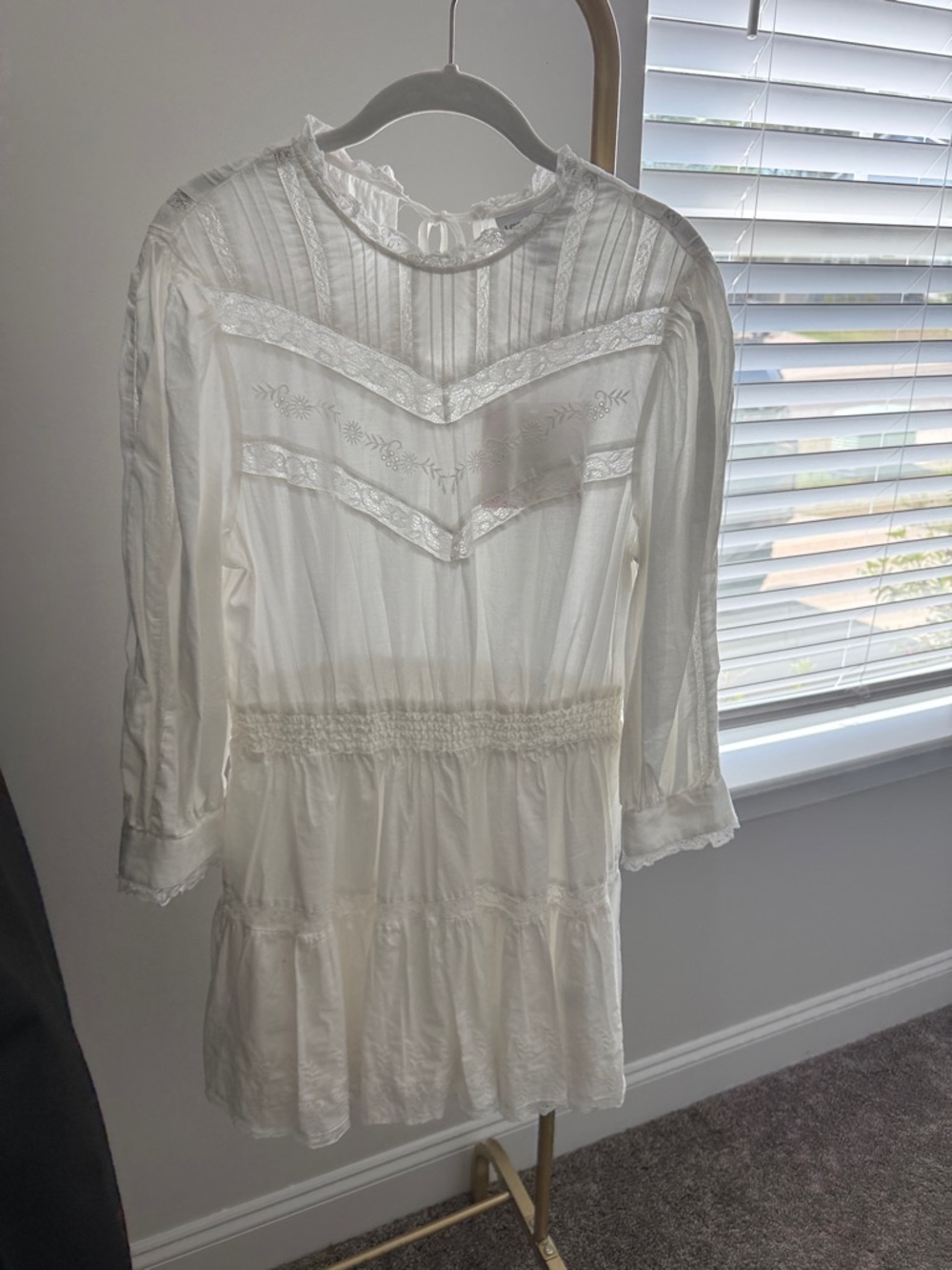 LoveShackFancy White Lace-Trim Long Sleeve Tiered Dress